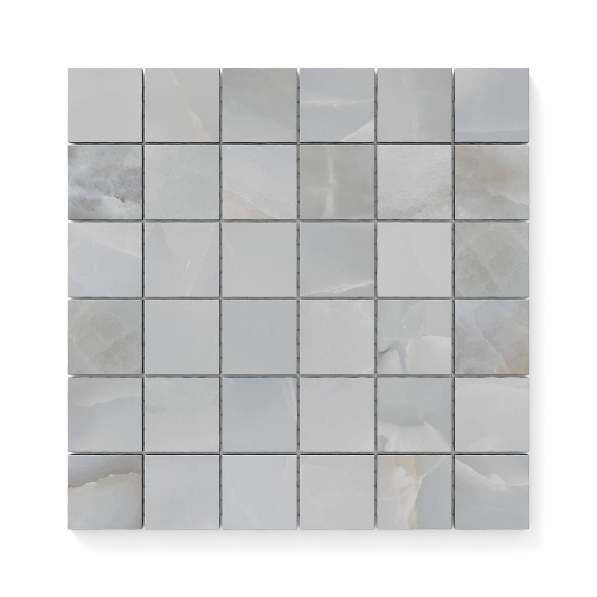 Astrid 2x2 matte porcelain mosaic tile in Slate, showcasing a soft gray palette with subtle veining for a modern and sophisticated look.