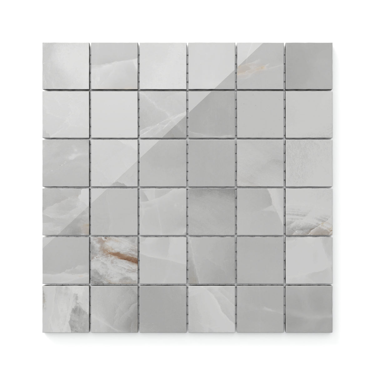 Astrid 2x2 polished porcelain mosaic tile in Slate, showcasing cool gray tones and a sleek polished finish for contemporary spaces.