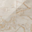 Astrid 12x24 polished porcelain tile in Sand, showcasing a glossy finish with rich golden and beige veining for an elegant design.