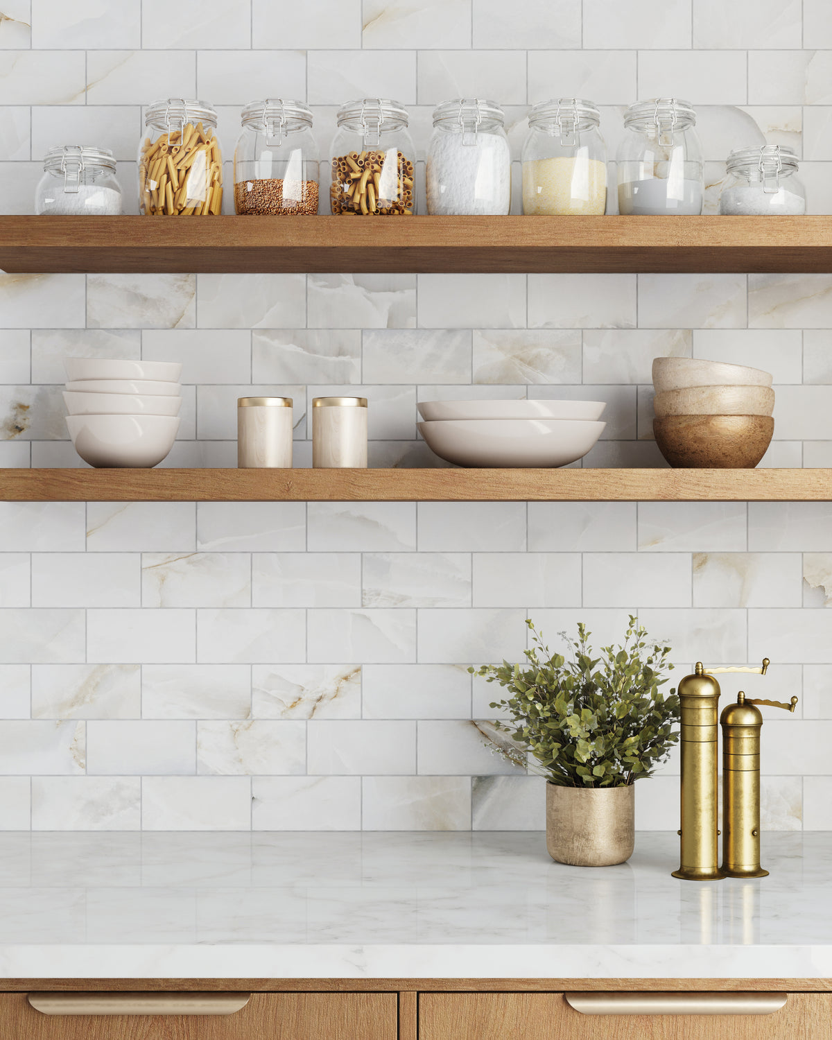 Kitchen backsplash featuring Astrid matte porcelain tiles with subtle veining, paired with open wooden shelves and elegant decor.