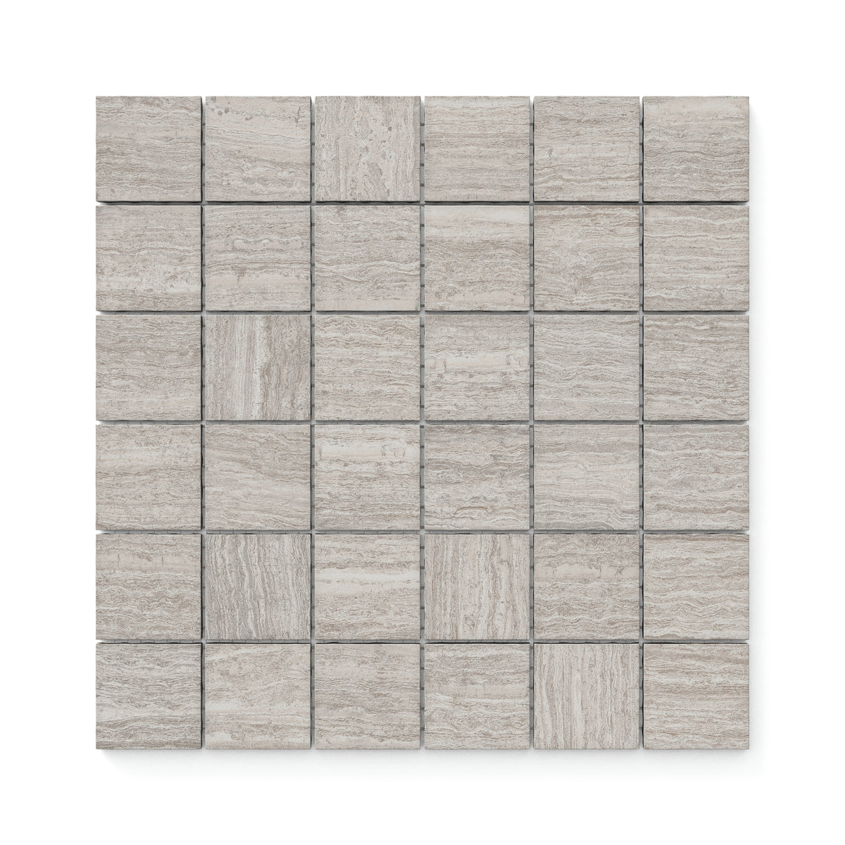 Hendrix Taupe 2x2 mosaic tiles in a matte finish, showcasing subtle taupe tones and a modern grid layout.
