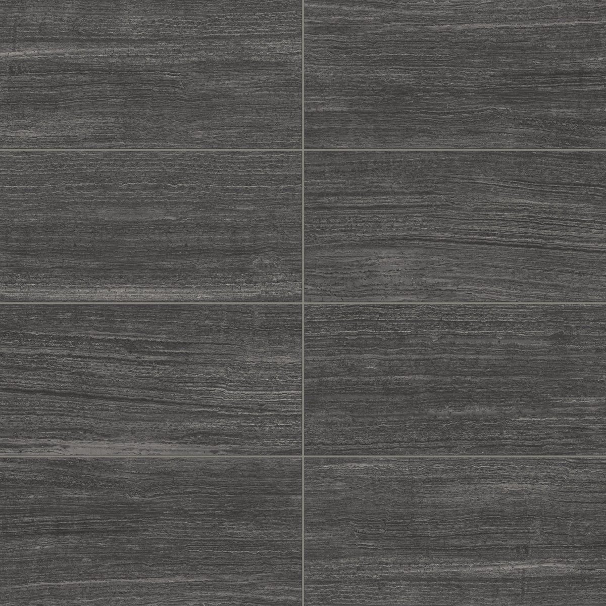 Hendrix Coal 12x24 Matte tile in rich black and dark gray hues, featuring a smooth matte finish for a modern and bold aesthetic.