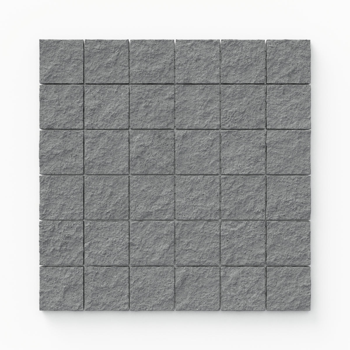Palmer 2x2 raw porcelain mosaic tile in a textured grey finish, perfect for adding depth to modern designs.