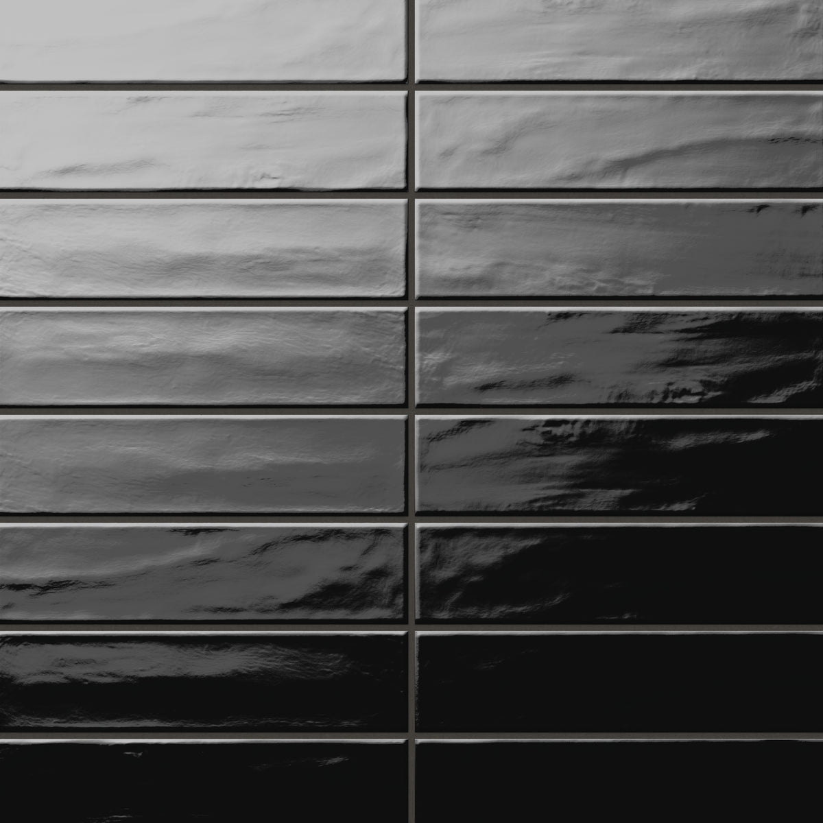 Palmer 3x12 glossy porcelain tile in nero, featuring a deep black finish with a sleek, wavy texture.
