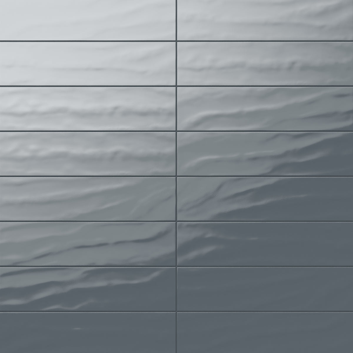 Palmer 6x24 glossy porcelain tile in blue-grey showcasing a rippled surface and reflective finish, ideal for modern bathroom walls.