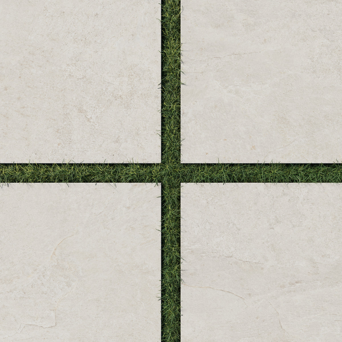 Dawson 24x24 Grip Porcelain 2cm Paver Tile in Alabaster, set with green grass joints, showcasing its natural stone texture and outdoor suitability.