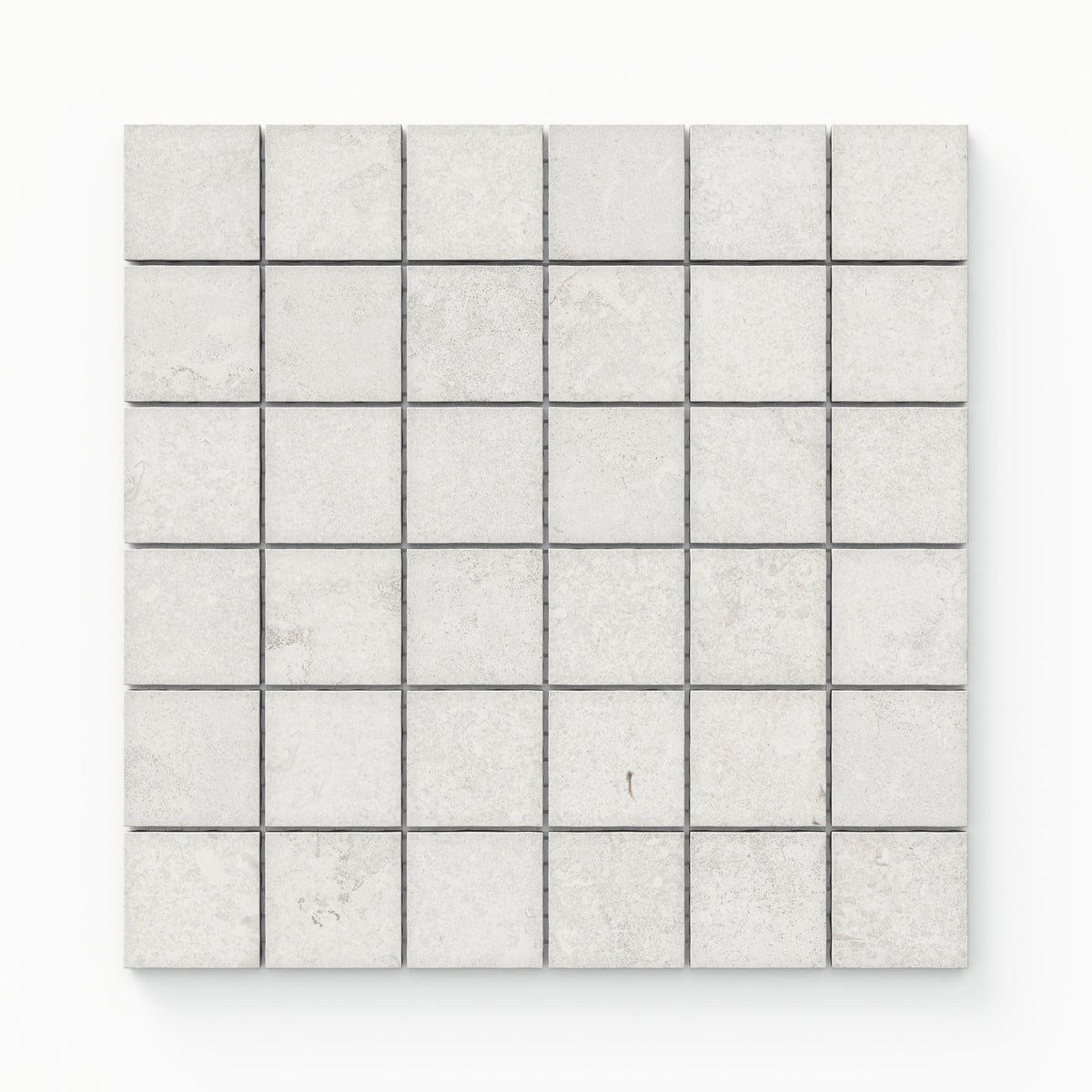 Matte mosaic porcelain tiles arranged in a 2x2 square design, showcasing a natural cross-cut pattern with a delicate soft white tone.
