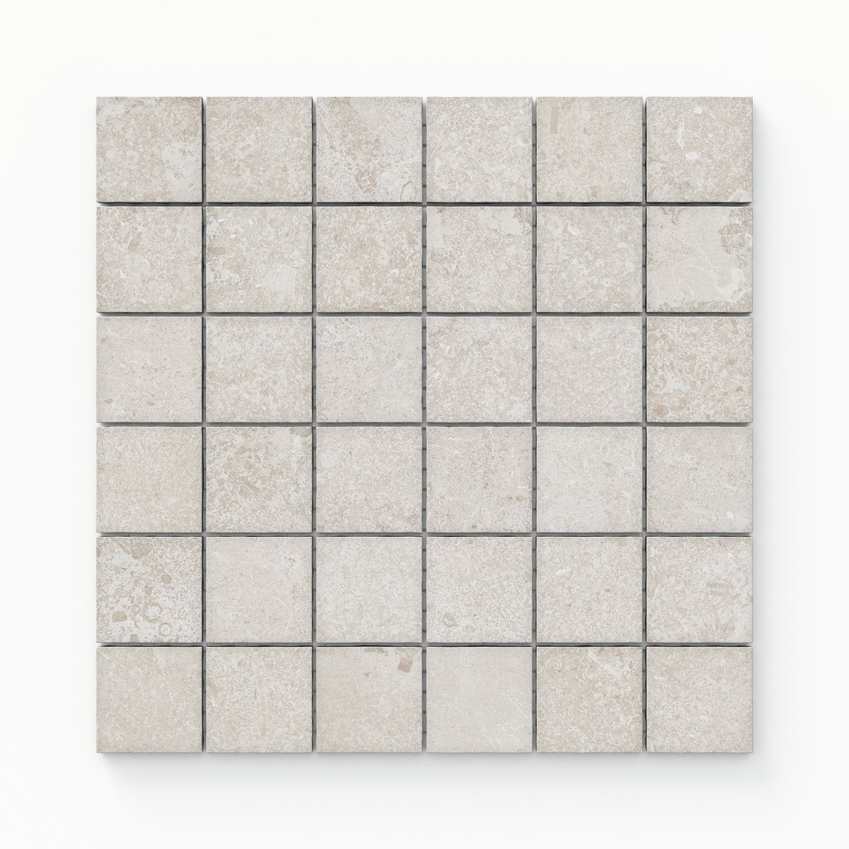 2x2 square mosaic tiles in sand beige hue, showcasing a matte finish and natural cross-cut textures, perfect for refined and modern accents. 