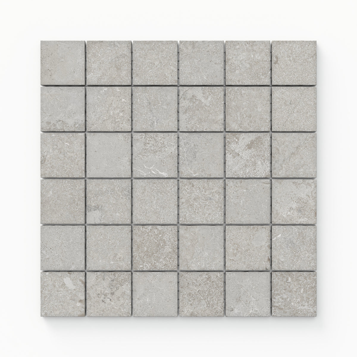 Natural taupe matte porcelain mosaic tiles in a 2x2 square layout, showcasing cross-cut textures for a warm and elegant aesthetic.