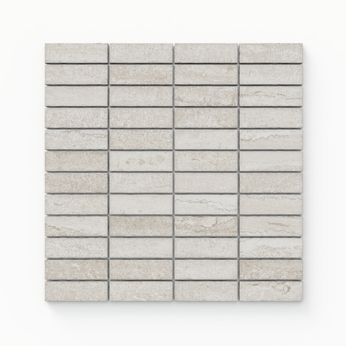 Matte porcelain mosaic tiles in a serene sand beige tone, featuring a 1x3 vein-cut design that adds natural warmth and texture to modern interiors.