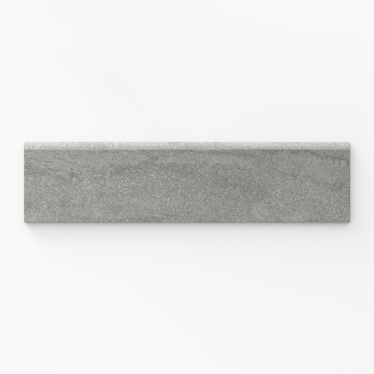 A sleek 3x12 ash grey matte porcelain bullnose trim tile featuring a refined vein-cut design, ideal for creating smooth, polished edges in contemporary interiors.