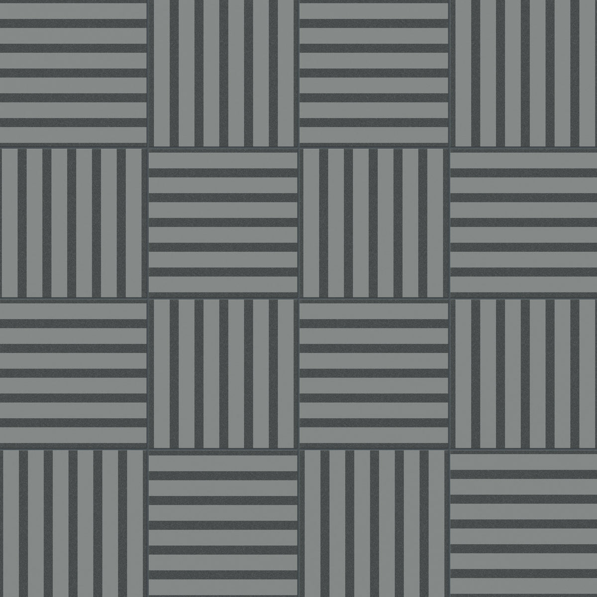 Featuring a matte finish, these 12x12 blue tiles showcase a dynamic mix of horizontal and vertical striped pattern, coming together to form a sleek, modern checkerboard pattern.
