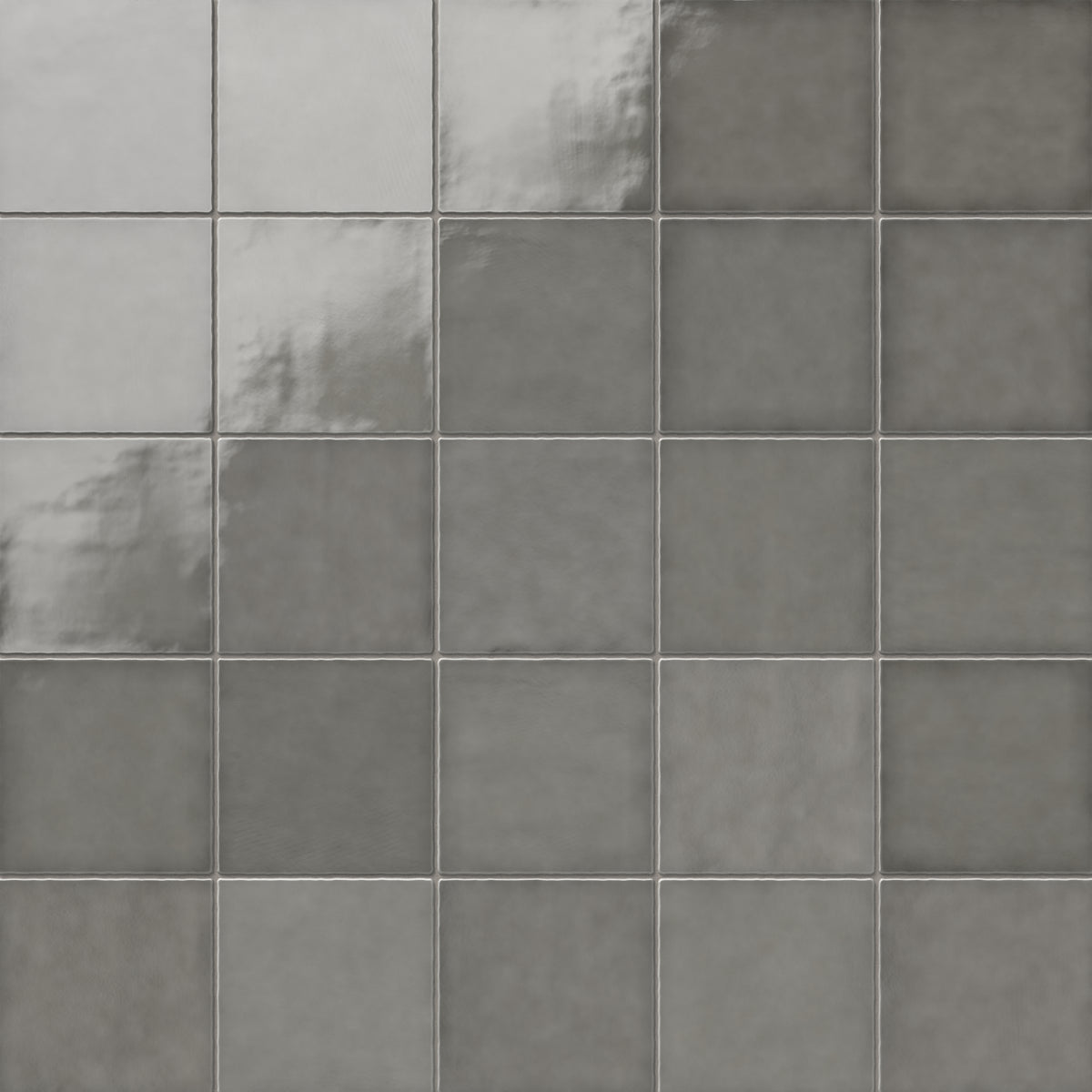 Mikayla 5x5 square ceramic tiles in a muted gray hue, featuring subtle tonal variations and a smooth, glossy finish