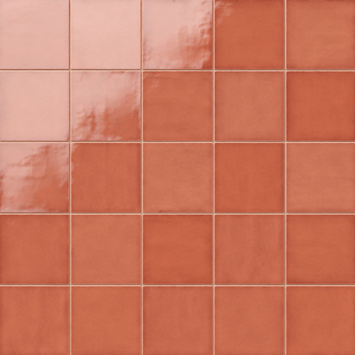 Radiant Mikayla coral-orange 5x5 square ceramic tiles with a high-gloss finish, perfect for creating a warm, vibrant accent in kitchens or bathrooms