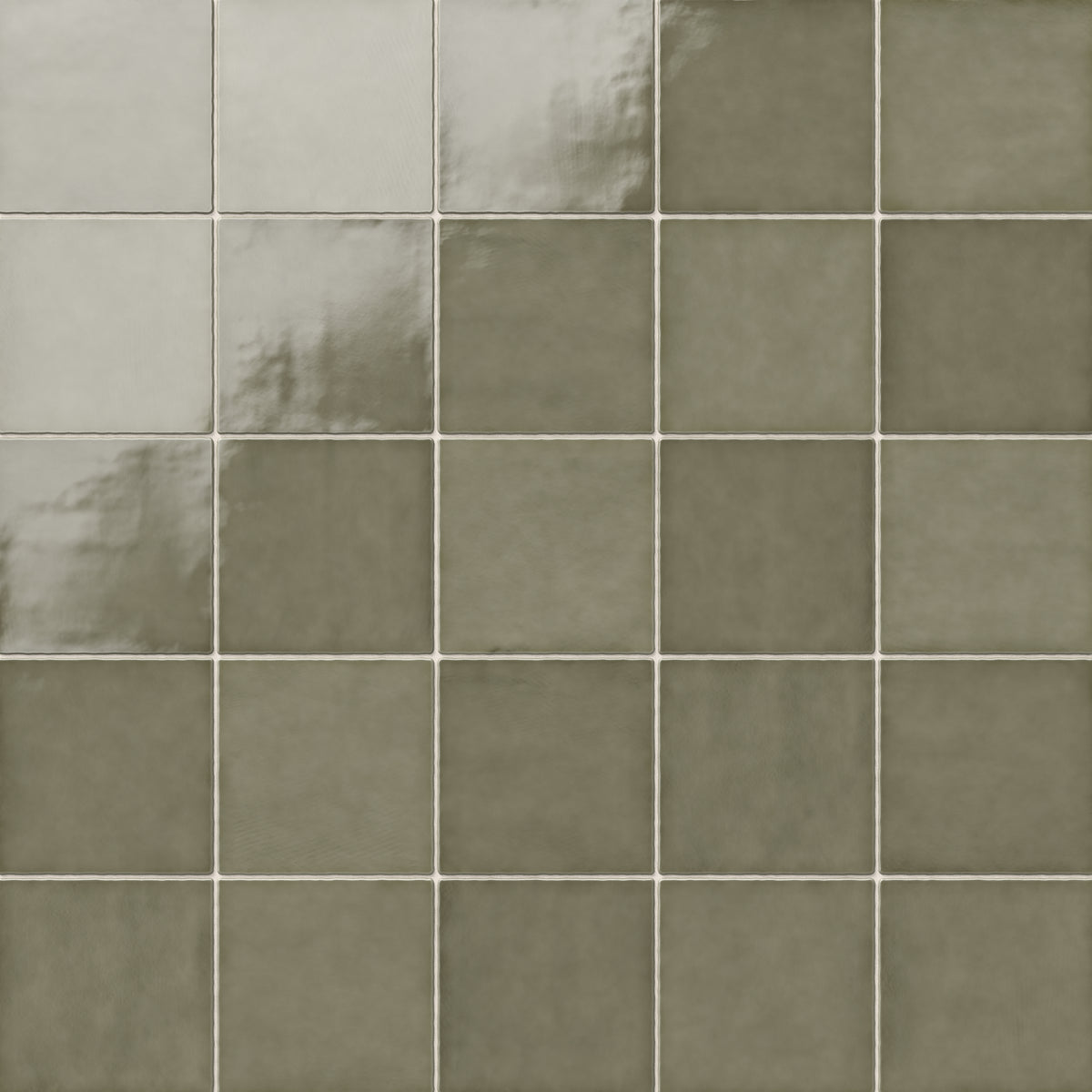 Mikayla olive-green 5x5 square ceramic tiles with subtle tonal variations and a smooth, glossy surface
