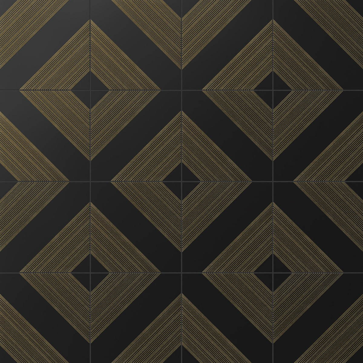Elegant black satin ceramic tiles with intricate gold diamond-line patterns, ideal for luxurious statement wall