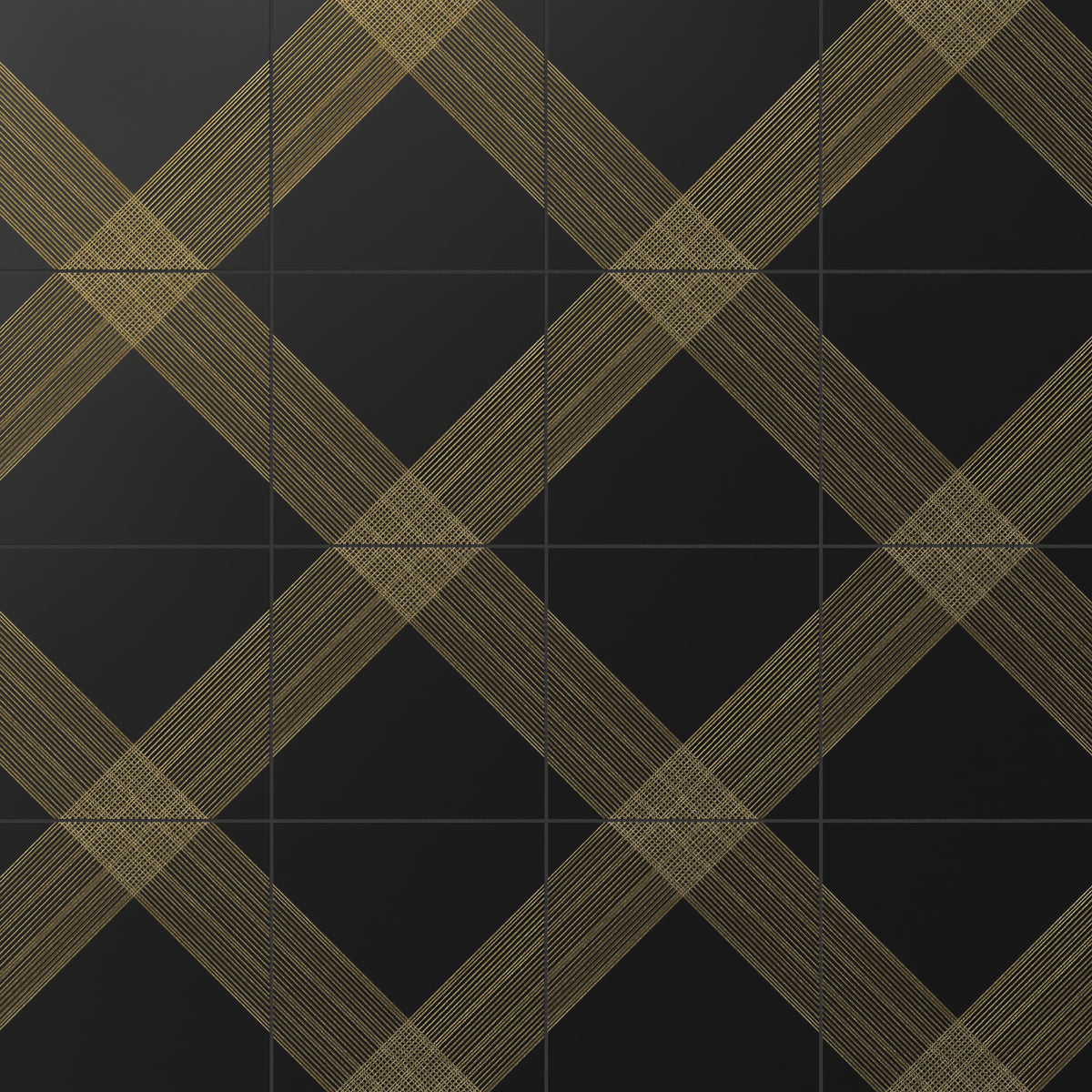 Elegant black satin ceramic tiles featuring intersecting gold lattice patterns for a bold and luxurious statement