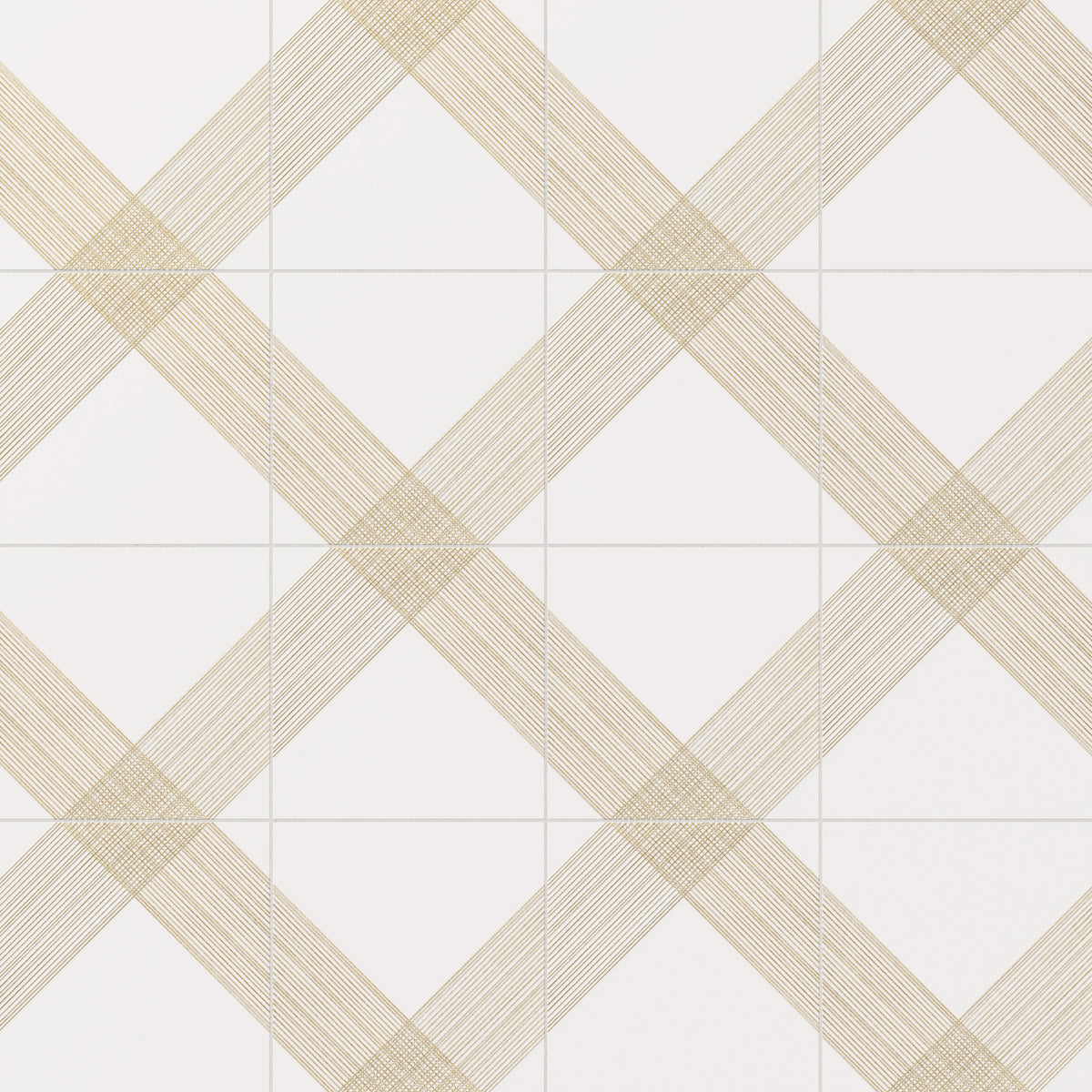 Elegant white satin ceramic tiles with intricate gold crisscross patterns, adding a luxurious touch