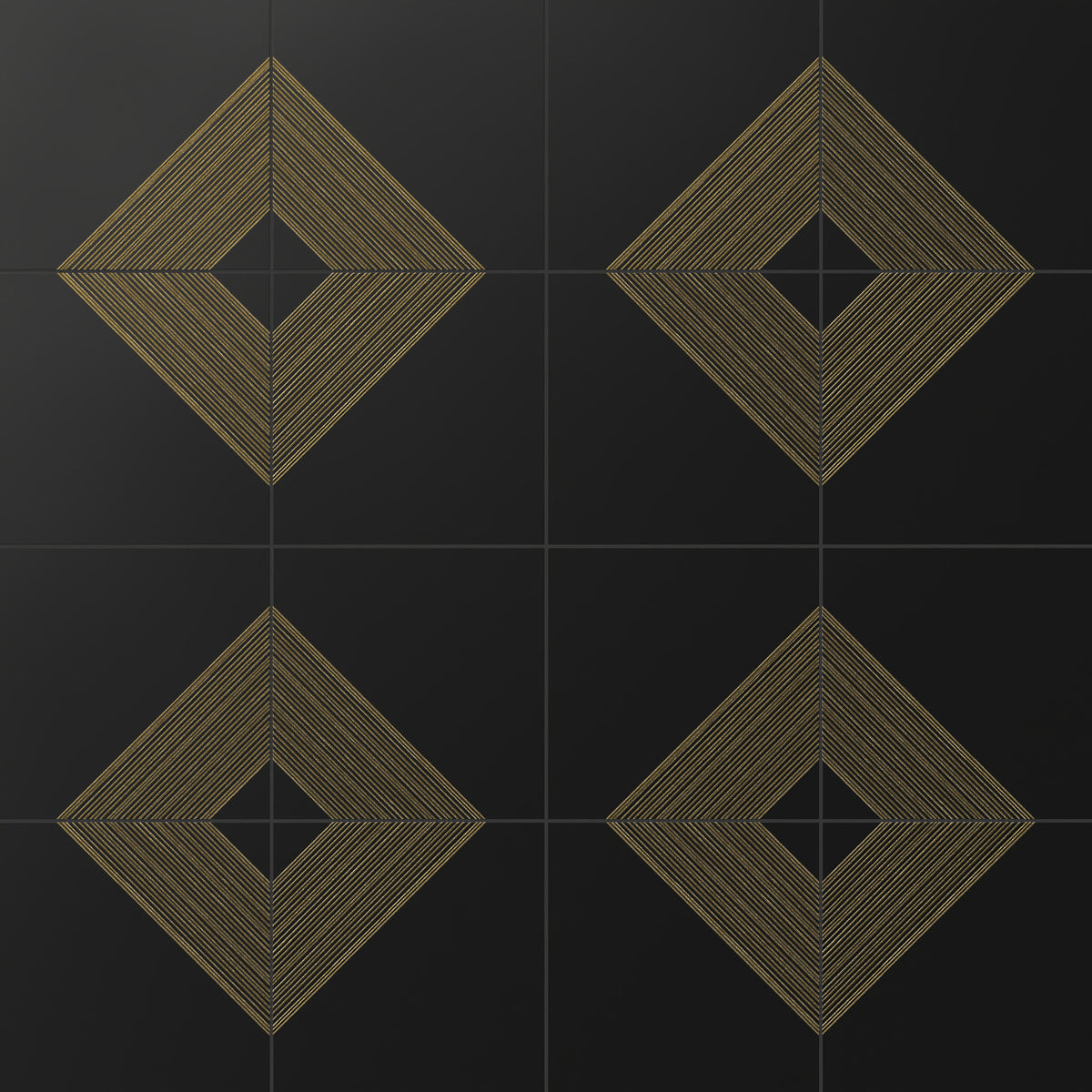 Elegant black satin ceramic tiles with bold gold diamond motifs, creating a luxurious and modern wall statement