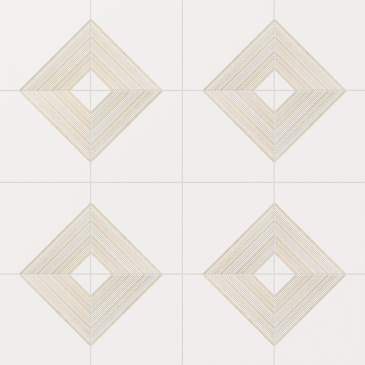 Elegant white satin ceramic tiles adorned with gold diamond accents, bringing a timeless sophistication to interiors