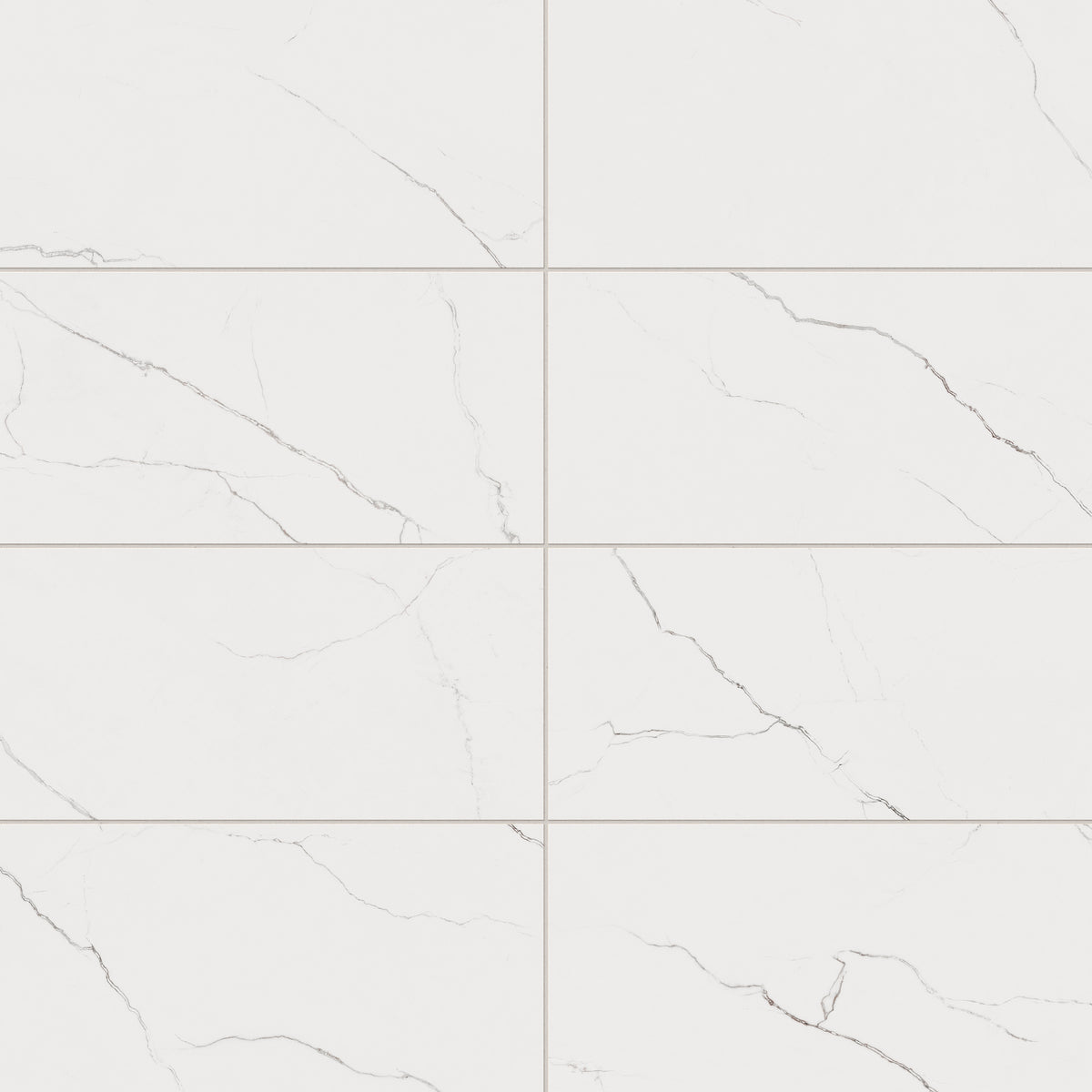 Natalia Calacatta Lincoln 12x24 matte tiles featuring a white surface with delicate grey veining for a clean, elegant look.