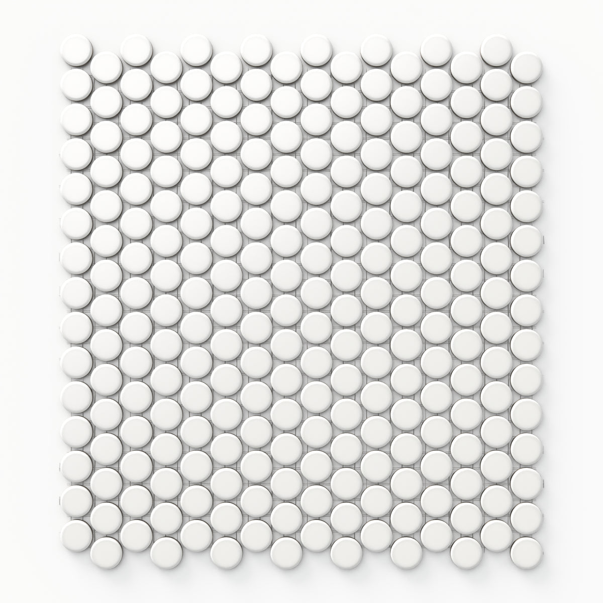 With their clean grid layout, these 12x12 matte white penny round mosaic tiles offer a timeless, versatile design perfect for enhancing floors and walls alike.