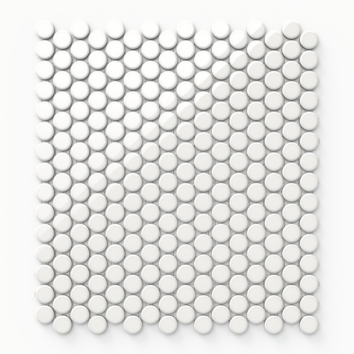 Featuring a shiny white finish, these 12x12 penny round tiles are laid out in a refined mosaic design, adding a timeless, clean look to any contemporary interior.