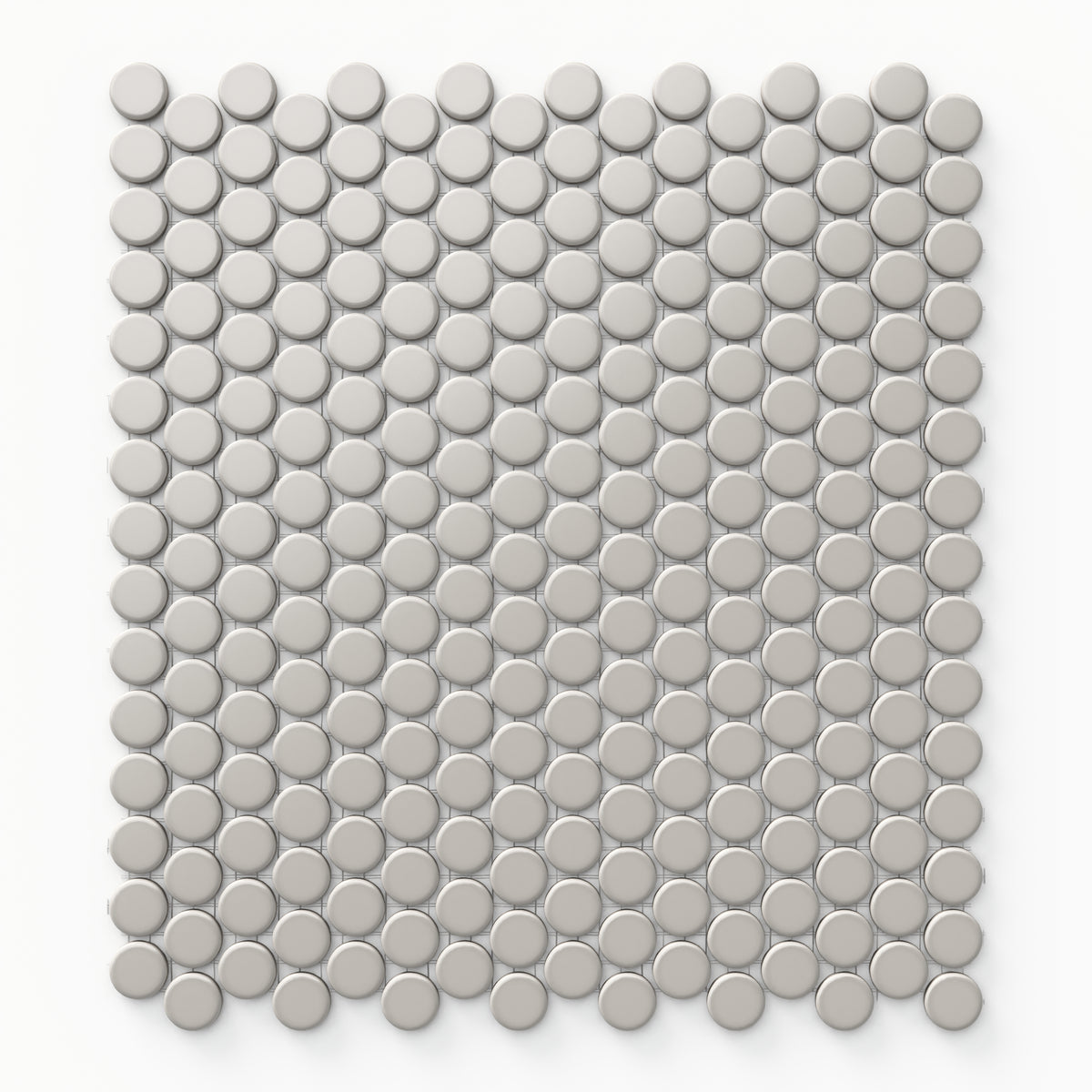 The 12x12 penny round mosaic tiles in matte grey are arranged seamlessly, providing a minimalist and enduring design that adds elegance and simplicity to contemporary spaces.
