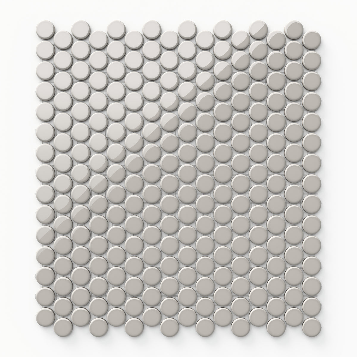 Glossy grey penny round tiles arranged in a radiant mosaic, exuding a clean and versatile style suitable for modern spaces.