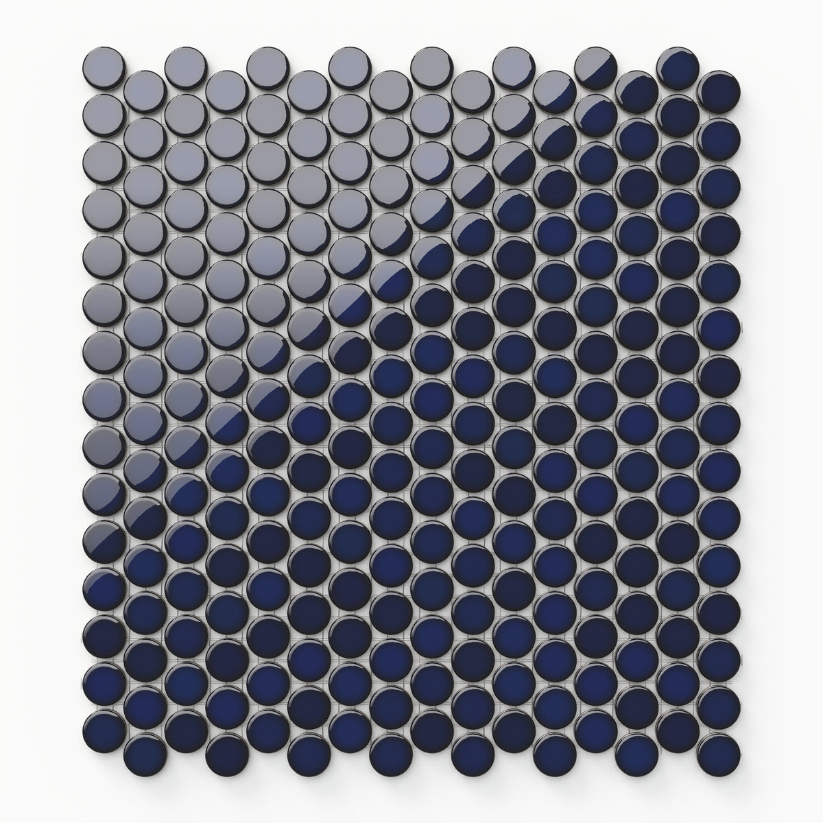 A beautiful 12x12 mosaic of glossy blue penny round tiles, featuring a reflective finish that introduces both vibrancy and depth, creating a dynamic atmosphere in any room.