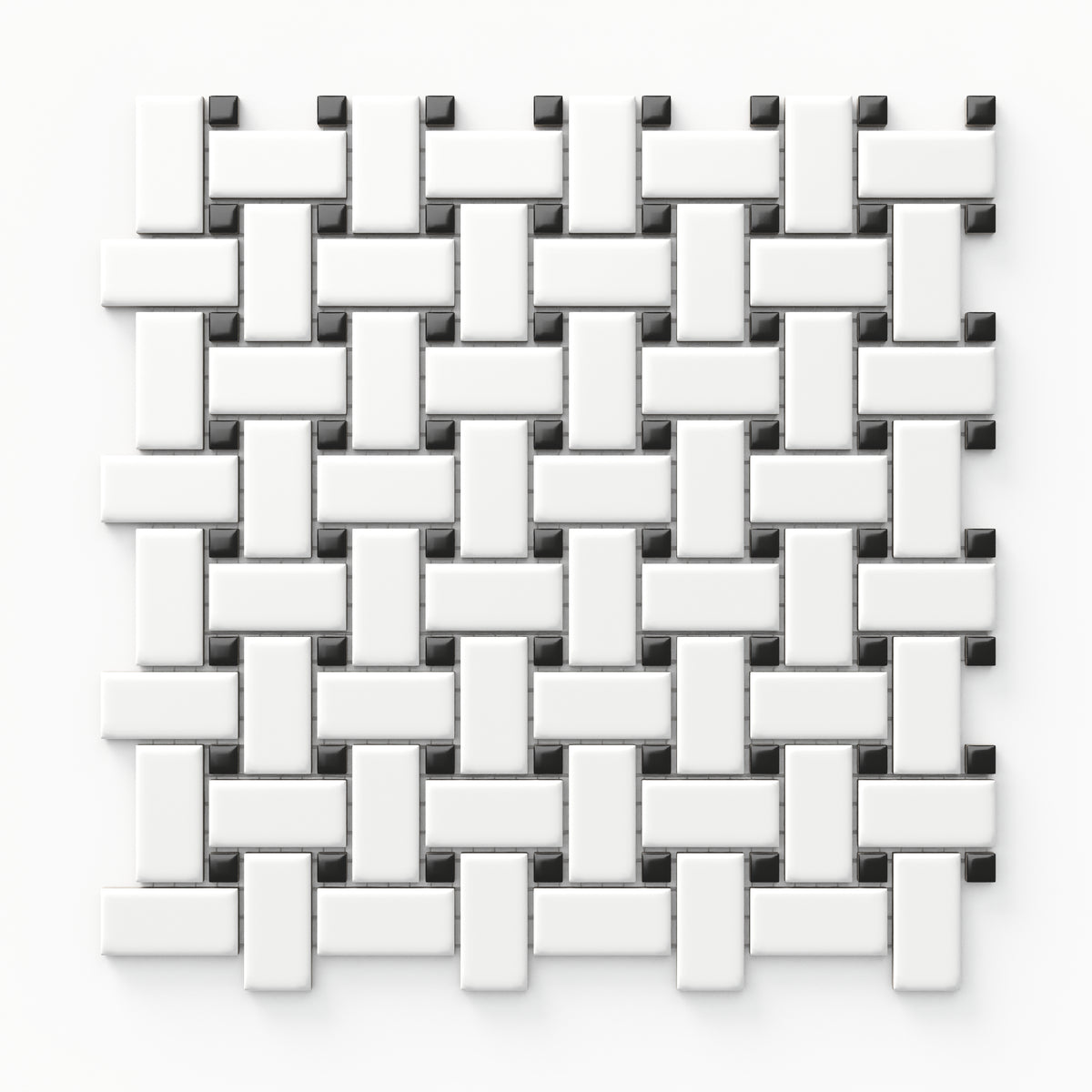 Matte black and white basketweave mosaic tiles, creating a striking yet classic pattern for walls or floors.