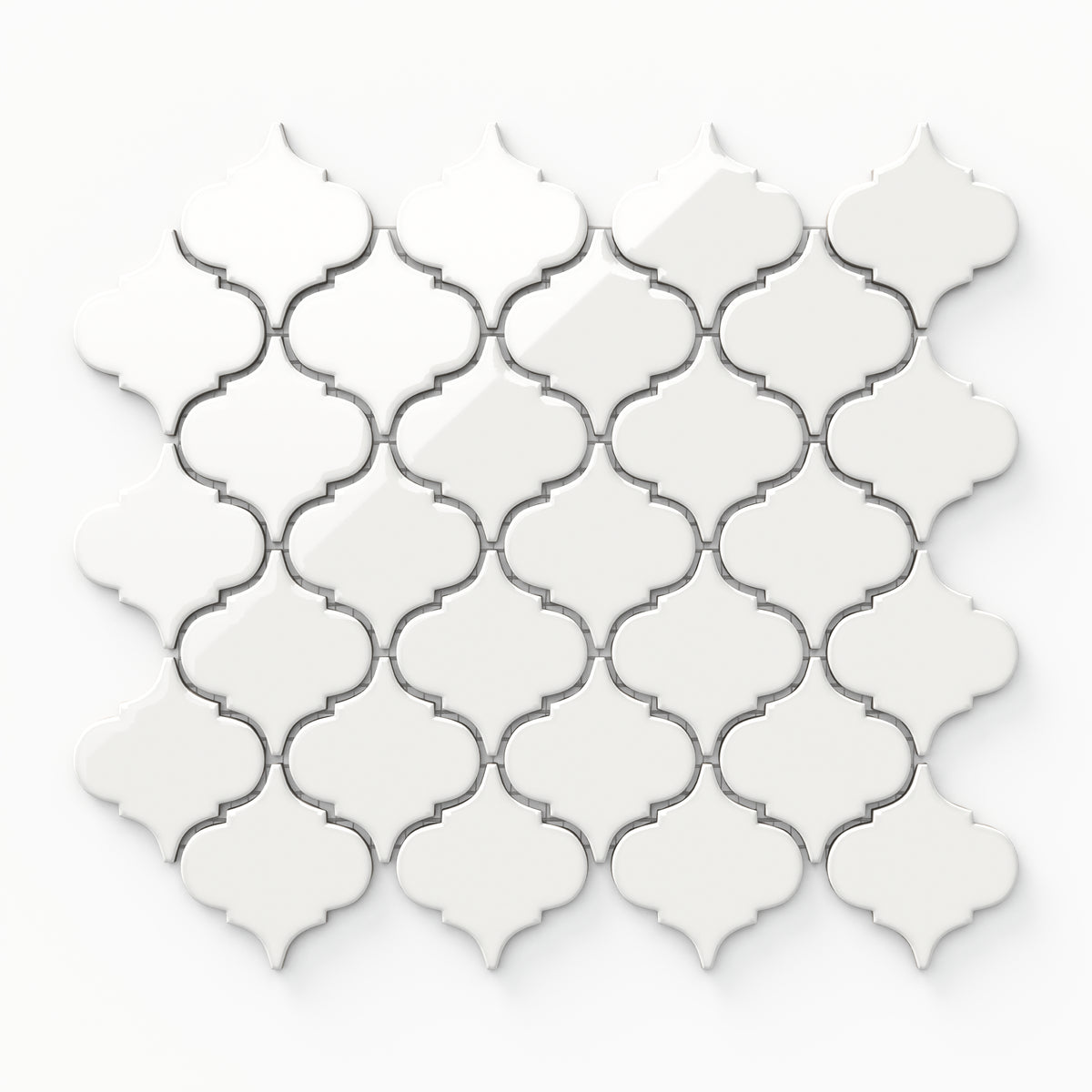 Mabel white mosaic porcelain tile featuring a glossy finish and a timeless Moroccan lantern pattern for classic elegance