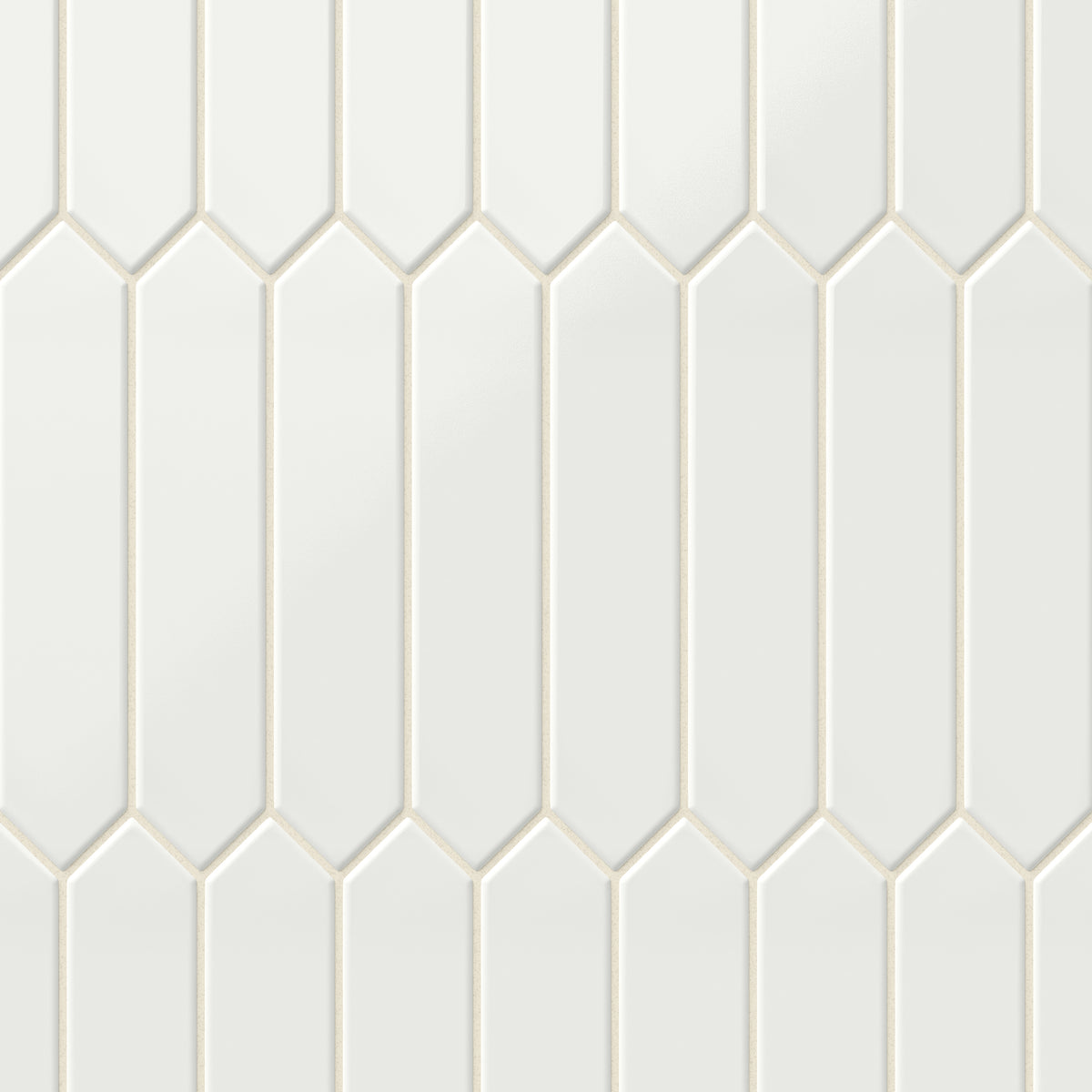 Glossy white 2x10 picket tiles in a soft cloud shade, creating an elegant and contemporary geometric pattern for walls or backsplashes.