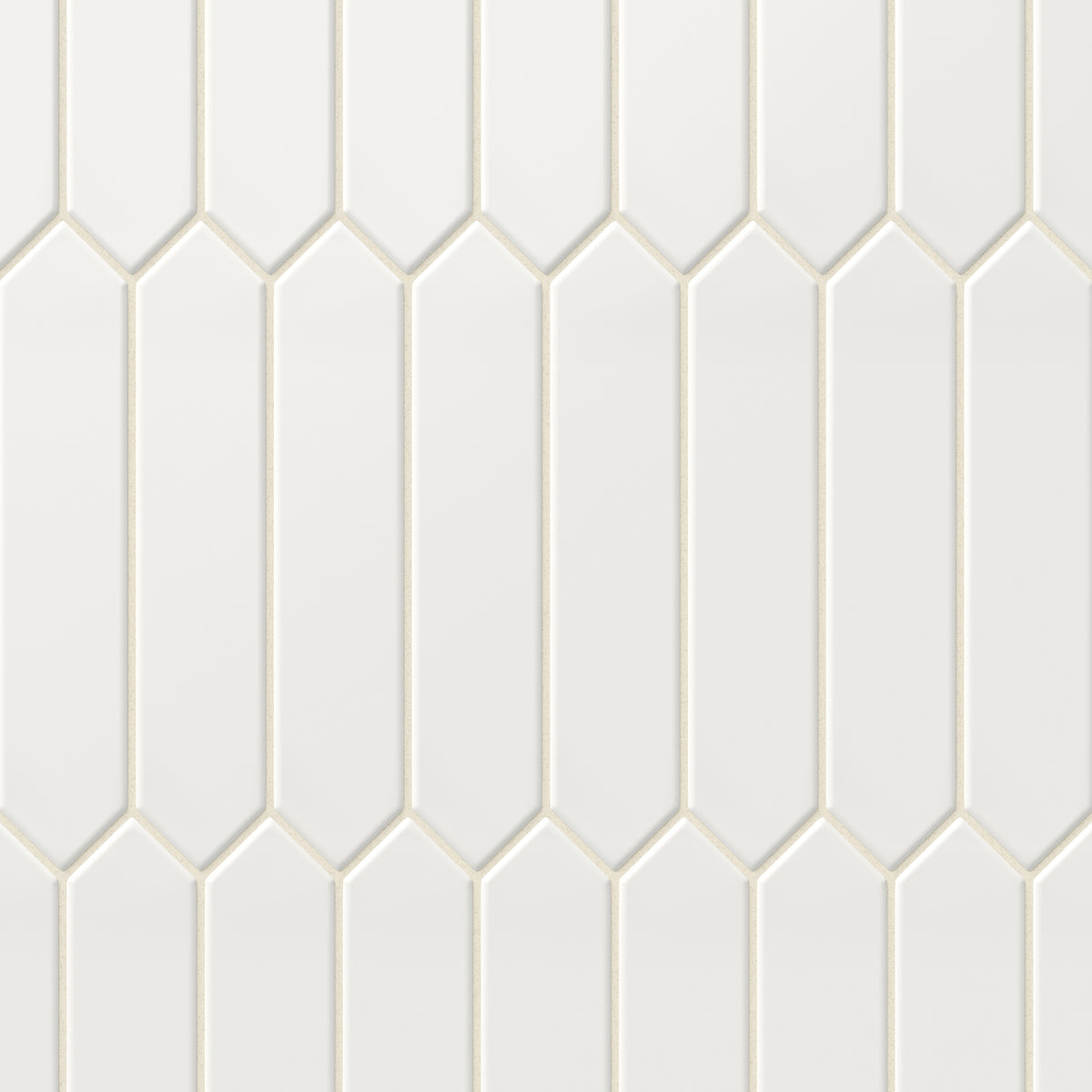 Elegant matte white picket tiles in a classic 2x10-inch size, forming a clean, geometric design for timeless sophistication. 