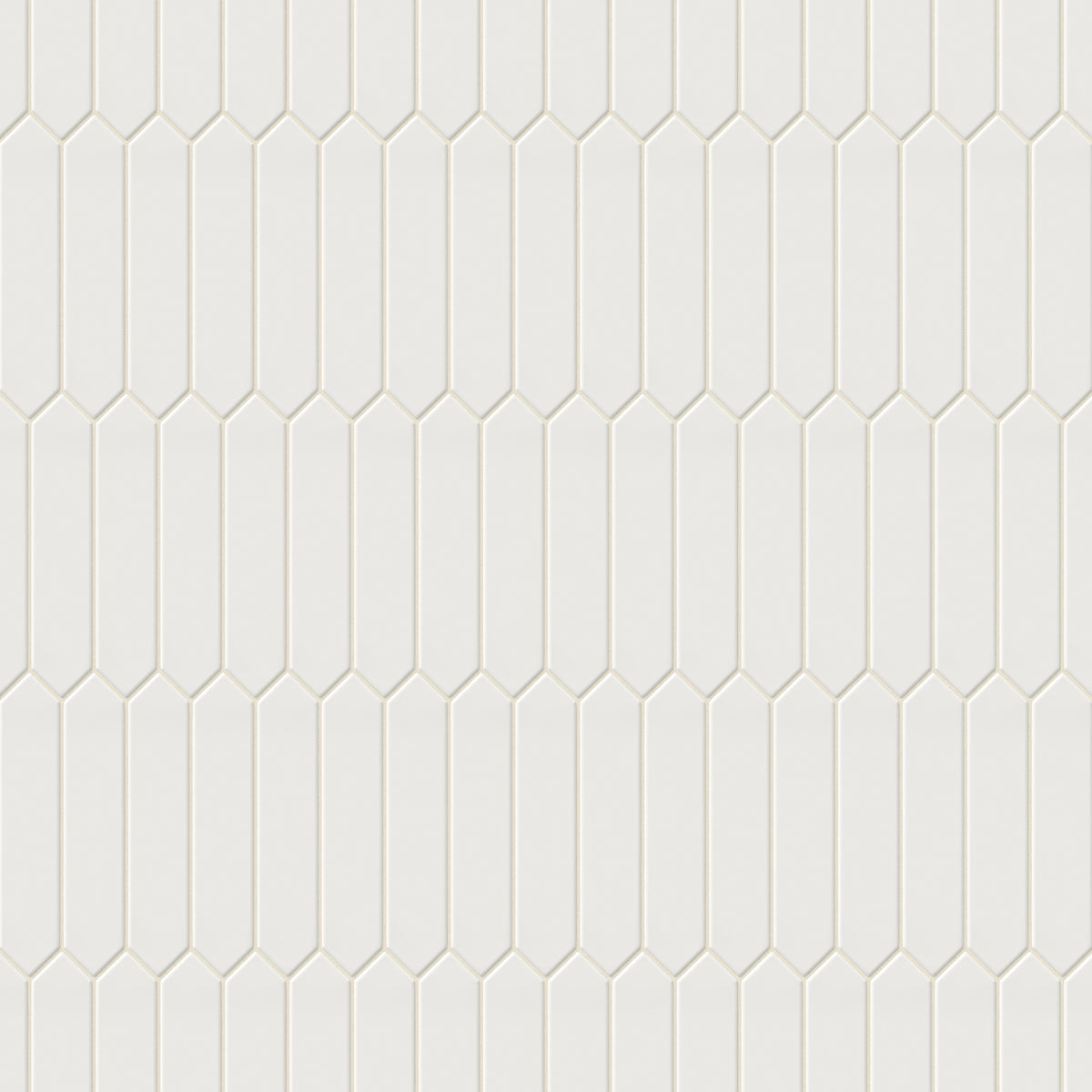 Elegant white picket tiles with a matte finish, arranged in a modern elongated pattern, ideal for sleek, minimalist designs.