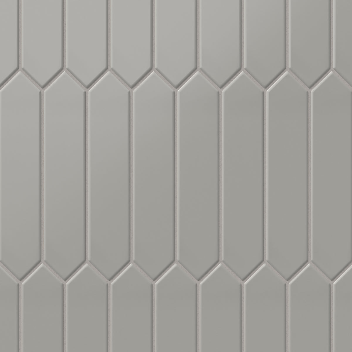 Matte taupe picket tiles in a refined 2x10-inch layout, offering a sleek and modern geometric pattern for subtle elegance.