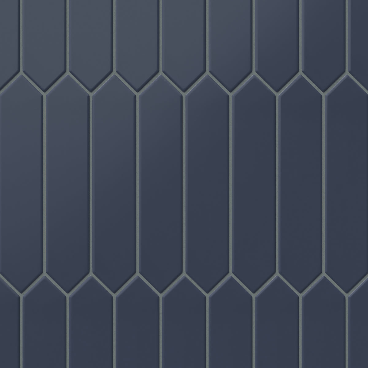 Matte blue picket tiles in a sleek 2x10-inch configuration, offering a bold yet versatile geometric pattern for modern spaces.