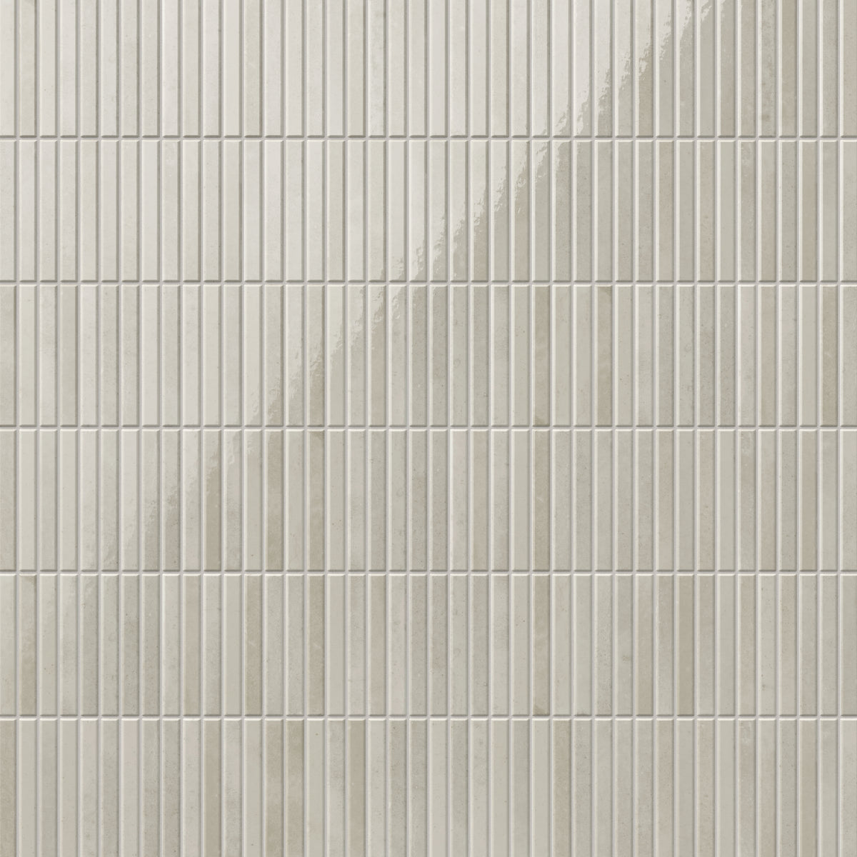 Beige-taupe glossy porcelain tiles with a slim, vertical ridged design, adding depth and texture for modern interiors