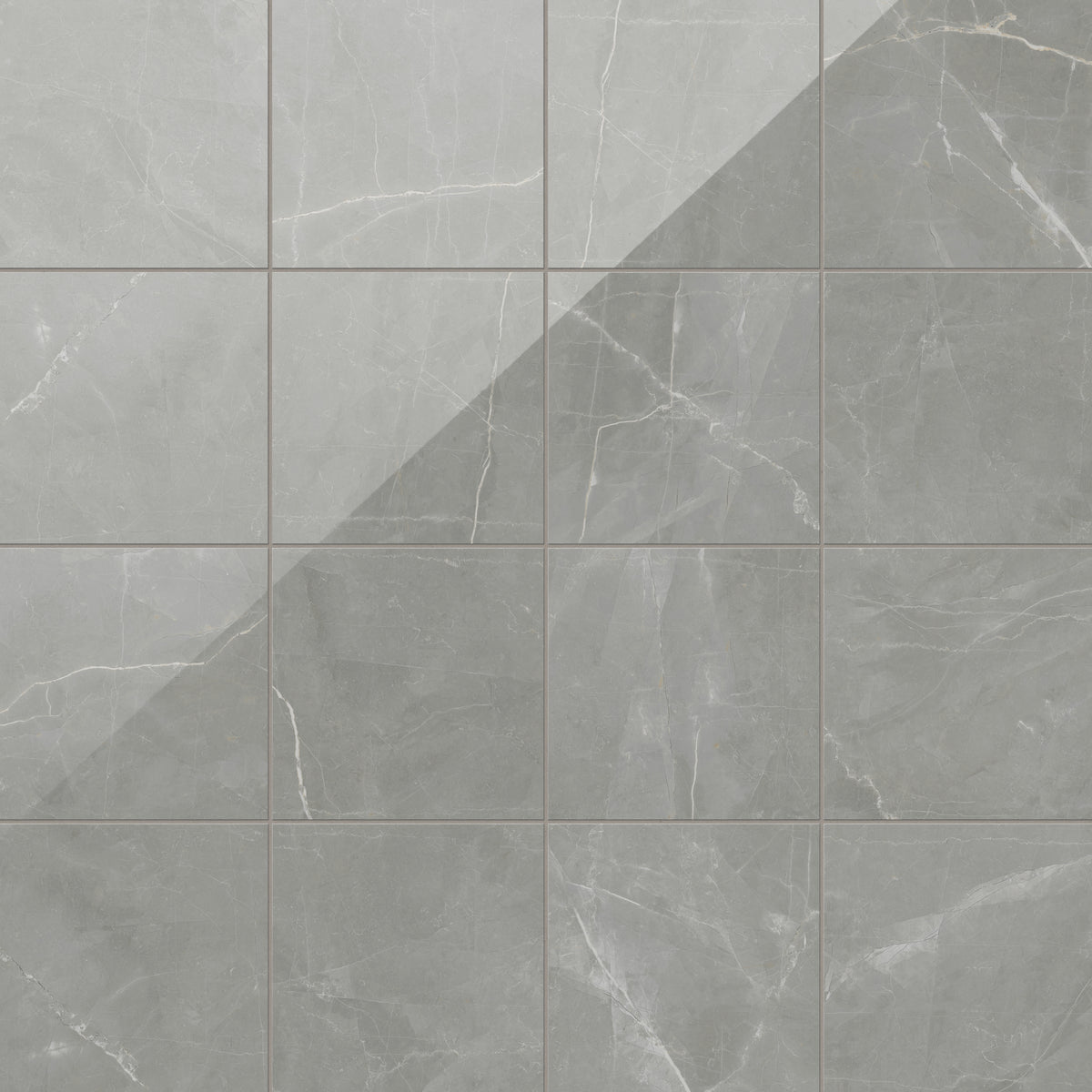 Leona 12x12 polished porcelain tile in Amani Grey, showcasing elegant gray tones with marble-inspired veining.