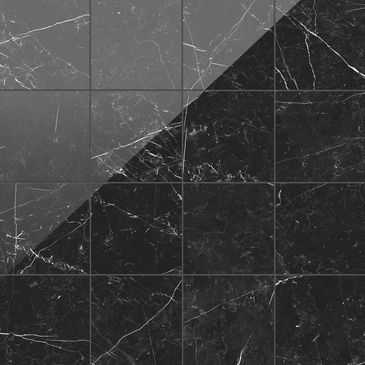 Leona 12x12 polished porcelain tile in Nero Marquina, featuring a luxurious black finish with bold white veining.