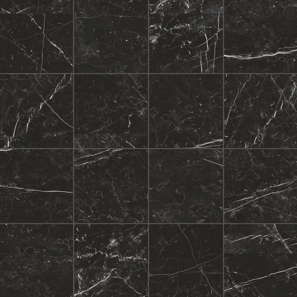 Leona 12x12 matte porcelain tile in Nero Marquina, featuring deep black tones with striking white veining for a bold, elegant finish.