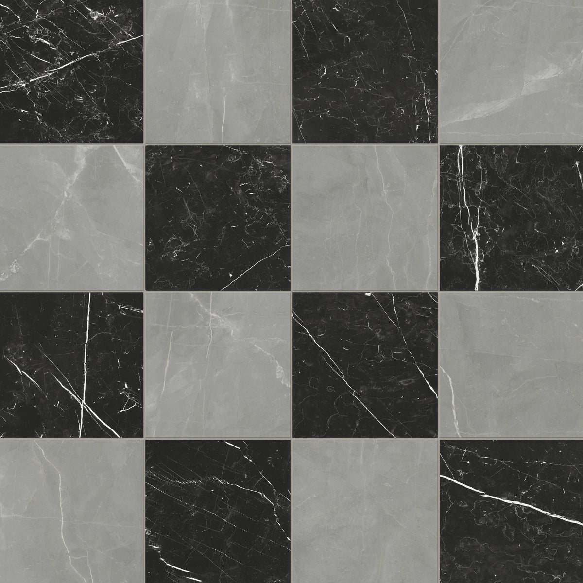 Leona Amani Grey and Nero Marquina tile, 12x12 matte finish, showcasing a striking grey and black marble-inspired checkerboard pattern.