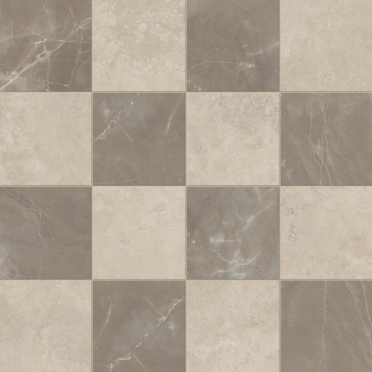 Leona Marfil and Amani Bronze 12x12 matte tiles in a striking checkerboard pattern, blending soft beige and brown hues.