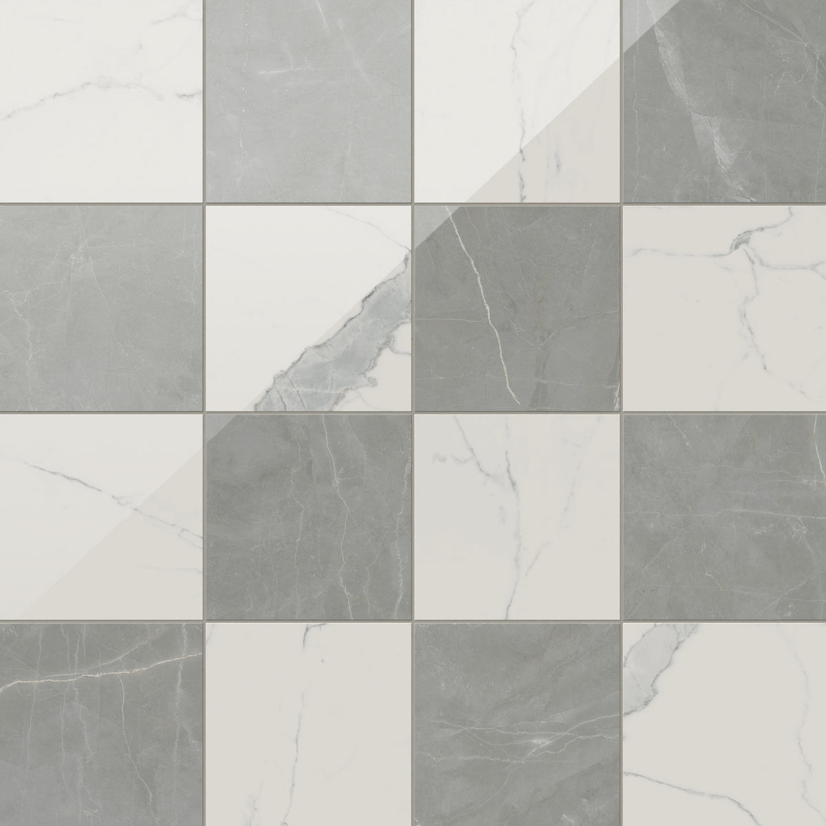Leona Calacatta and Amani Grey checkerboard 12x12 gloss tiles, blending soft greys and whites for a sleek, polished aesthetic.