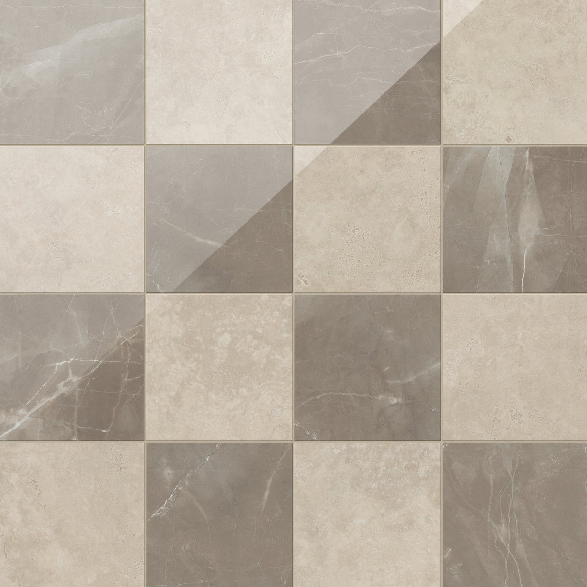 Leona Marfil and Amani Bronze tile, 12x12 gloss finish, combining soft beige with rich brown hues for an elegant checkerboard pattern.