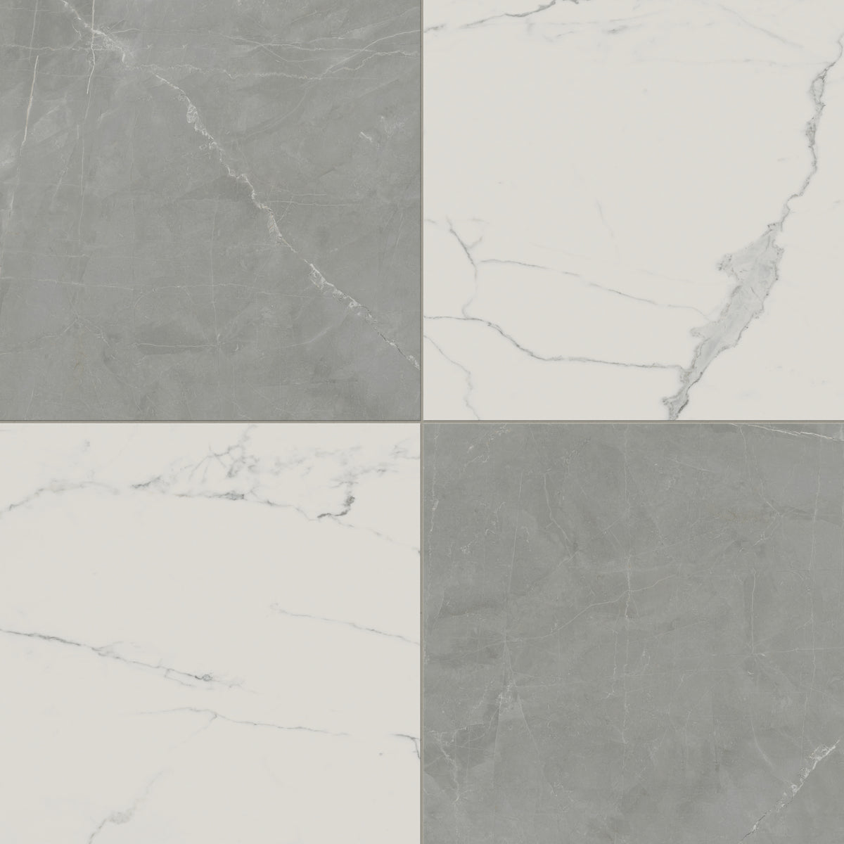 Leona Calacatta and Amani Grey Checkerboard 24x24 Matte tiles combine modern grey and timeless white for a balanced design.