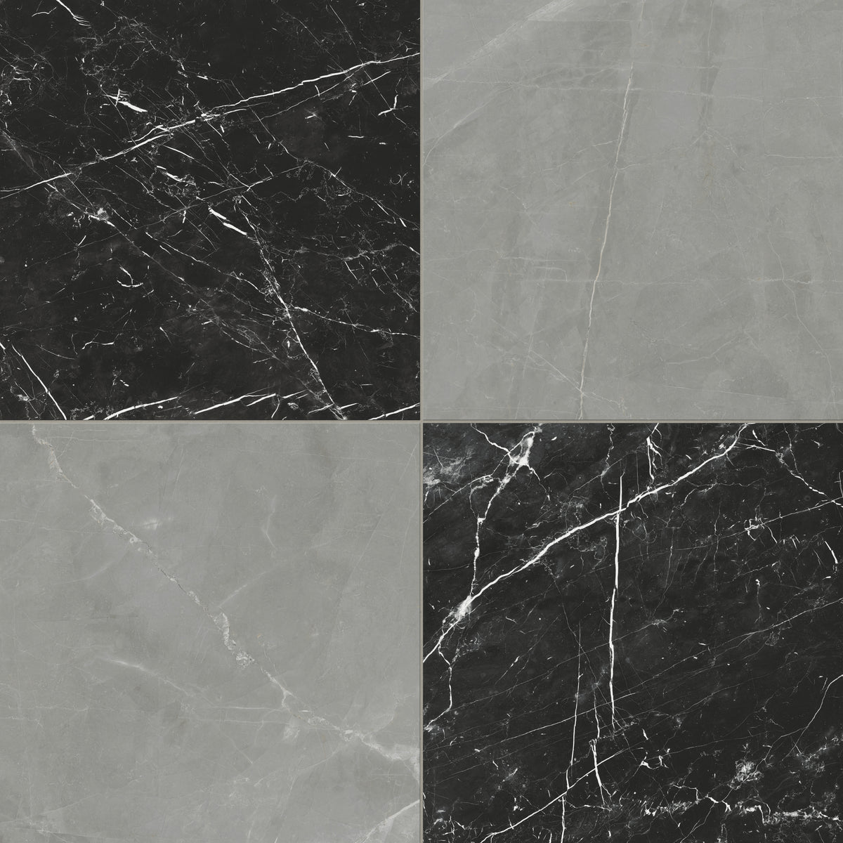 Leona 24x24 matte porcelain tile in Amani Grey and Nero Marquina, blending cool grey tones with deep black marble-look for a bold checkerboard pattern.