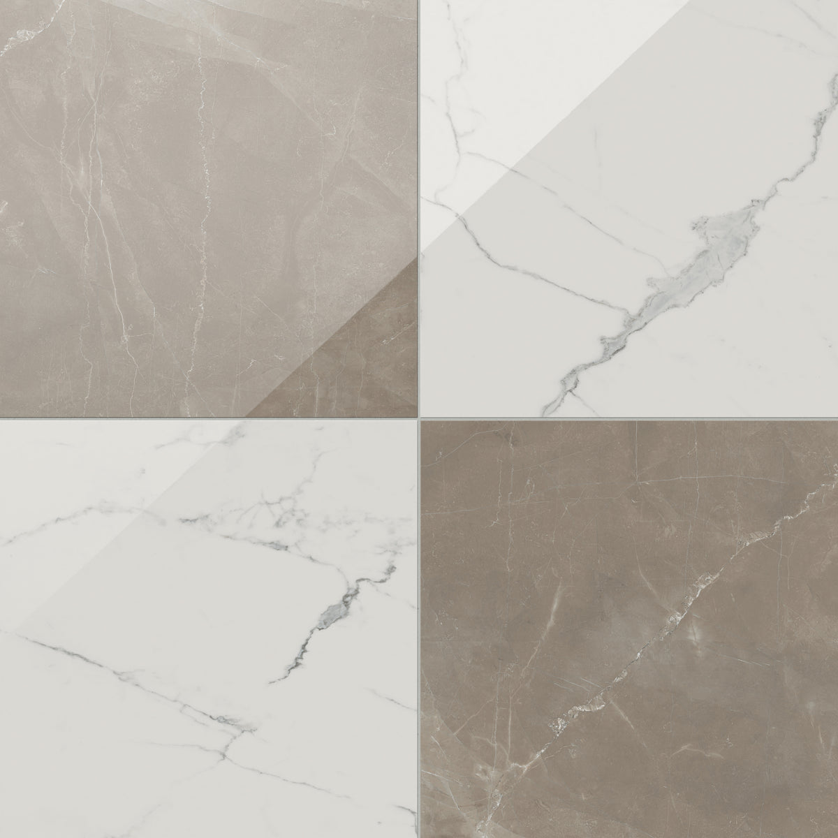 Leona Calacatta and Amani Bronze tile, 24x24 gloss finish, blending creamy white marble look with warm brown tones in an elegant checkerboard design.