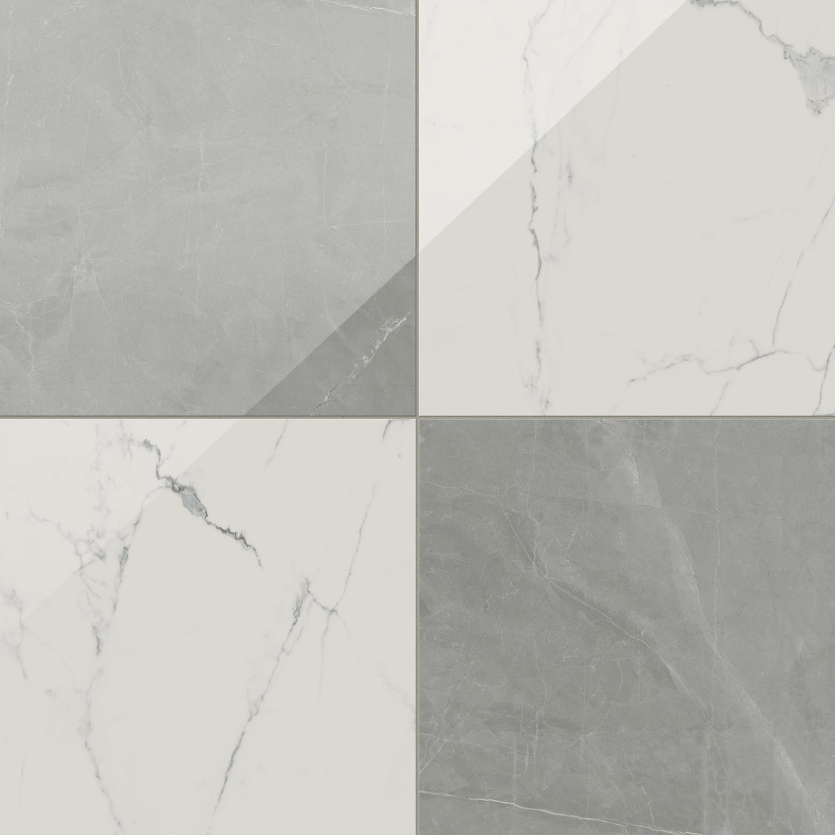 Leona Calacatta and Amani Grey tile, 24x24 gloss finish, combining white marble-look with soft grey hues in a striking checkerboard pattern.