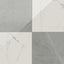 Leona Calacatta and Amani Grey tile, 24x24 gloss finish, combining white marble-look with soft grey hues in a striking checkerboard pattern.